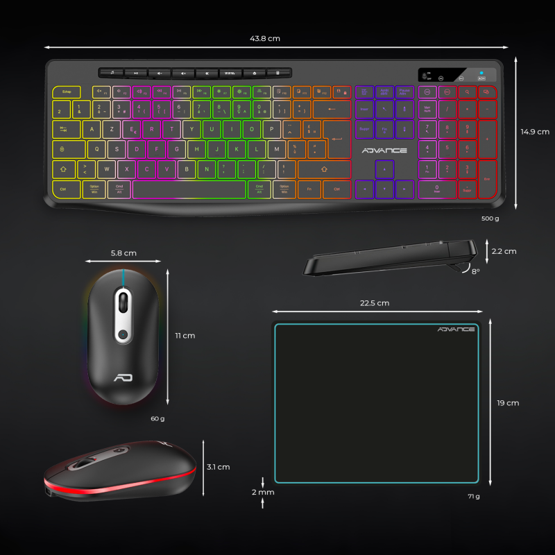 Advance R TYPE Combo Noir Sansfil/RGB/Batterie/IPX4/WinMac - Pack Clavier/Souris - 7