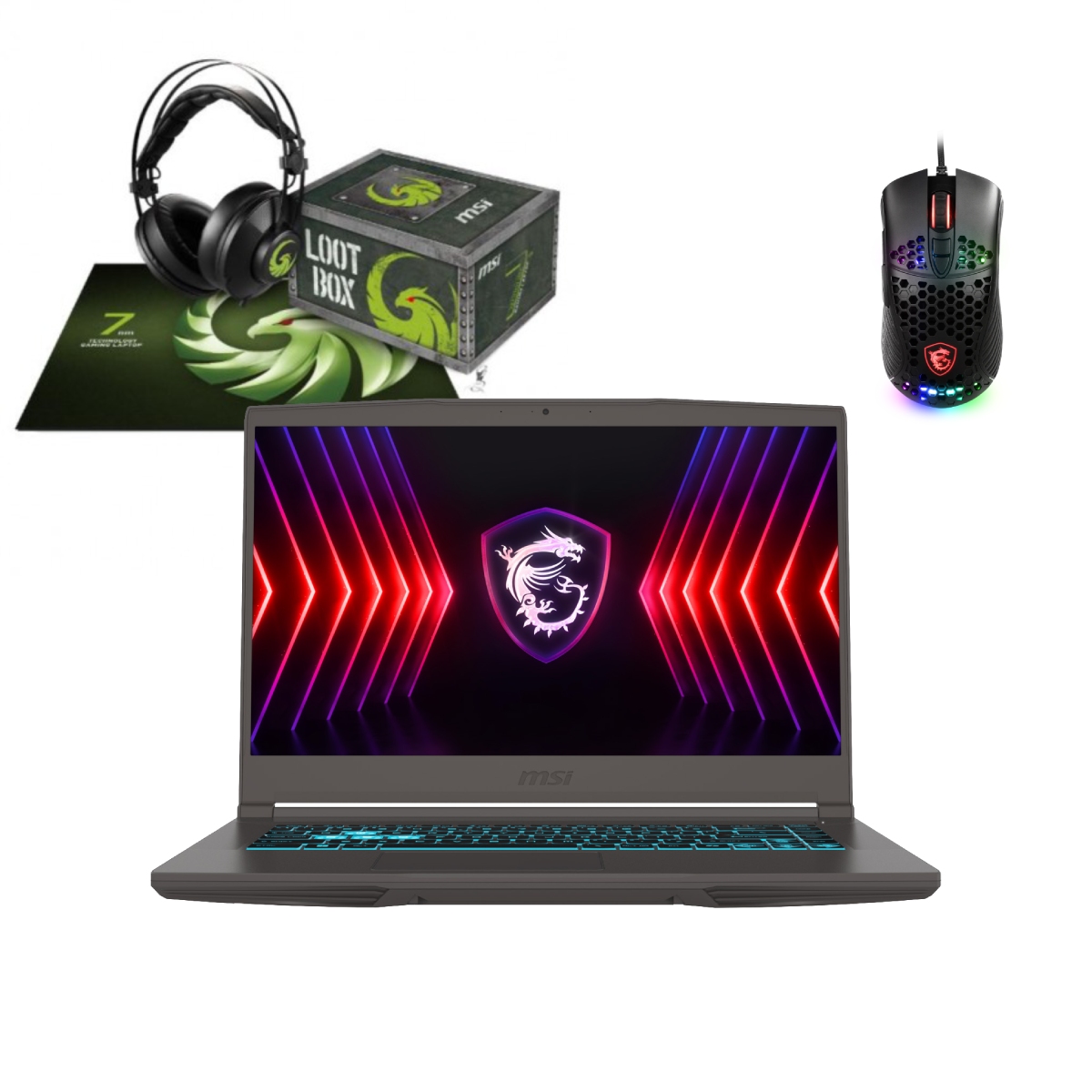 image produit MSI Thin A15 B7VF-201FR - 15.6" FHD 144Hz R5-7535HS RTX4060 16G 512G W11 + LOOTBOX et Souris M99 Grosbill