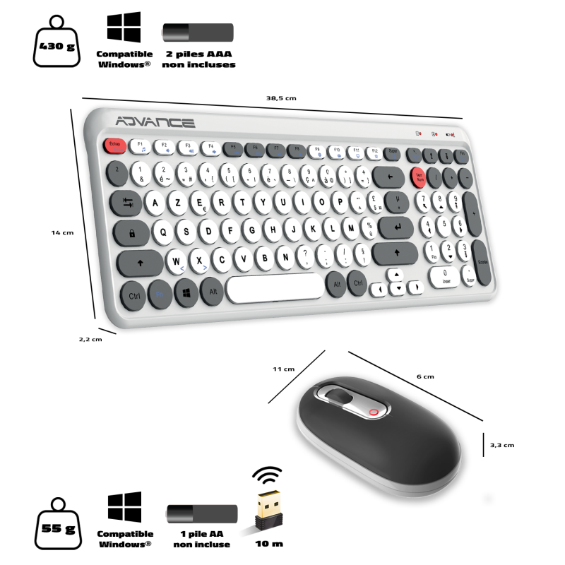 Advance ERGOSTYLE COMBO sans fil RF/Silencieux/Blanc Gris - Pack Clavier/Souris - 7