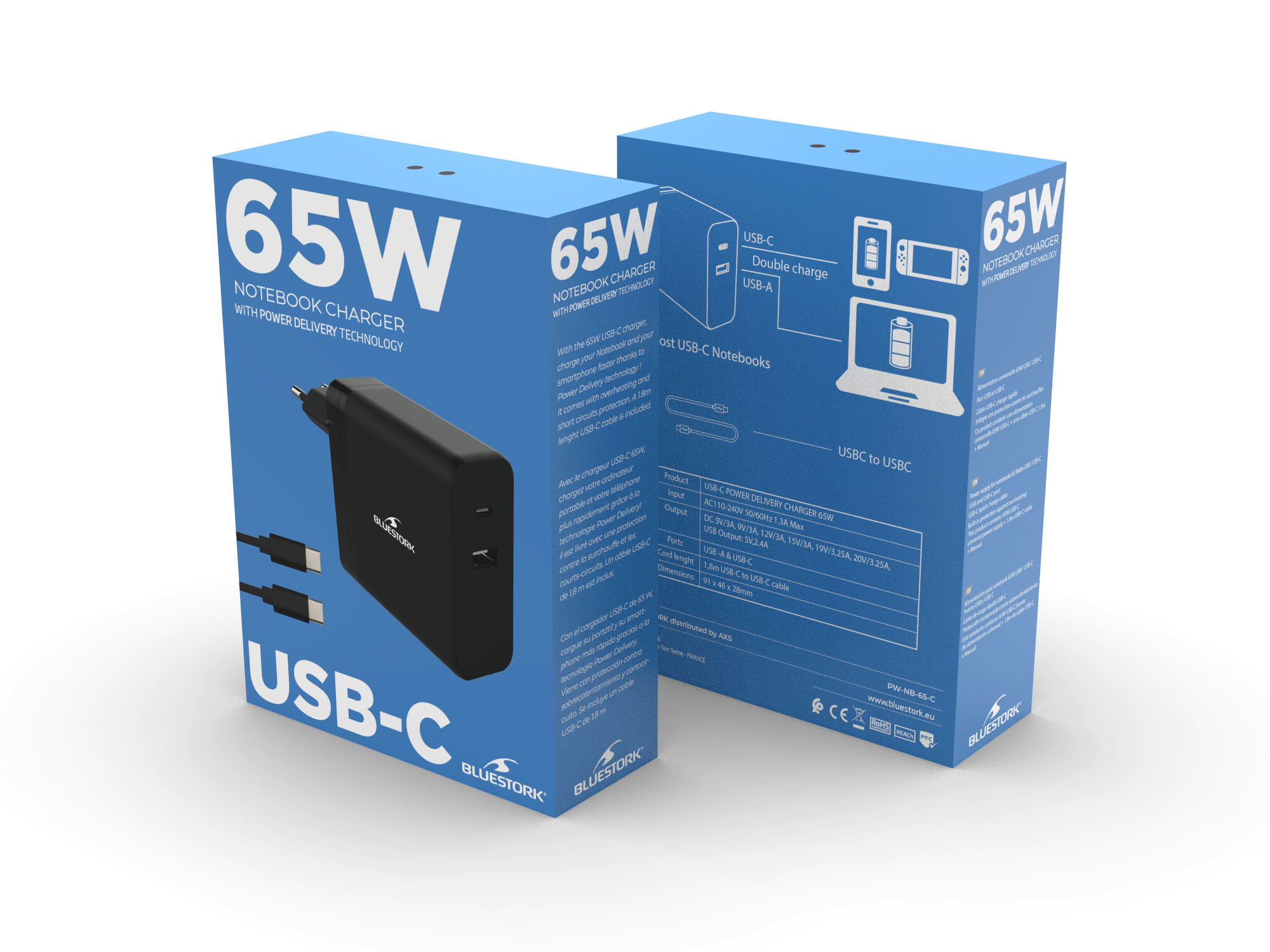 Bluestork Chargeur secteur vers USB et USB-C - 65W - Noir (NB-PW-65-C) - Achat / Vente Accessoire alimentation sur grosbill.com - 0