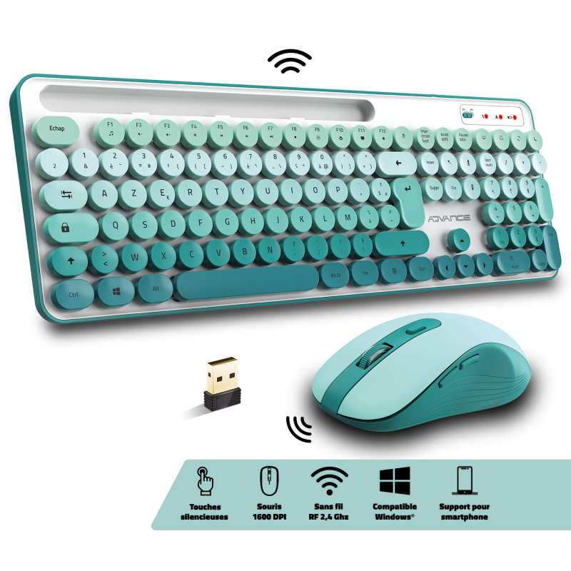 Advance PEP'S WIRELESS sans fil/Silencieux/Blanc Vert - Pack Clavier/Souris - 1