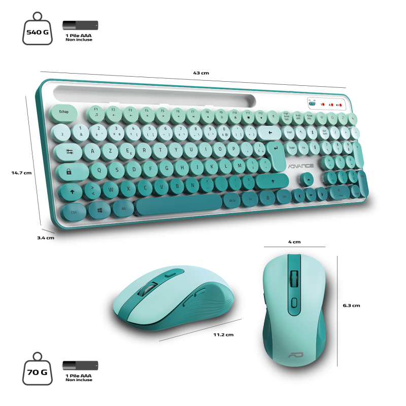 Advance PEP'S WIRELESS sans fil/Silencieux/Blanc Vert - Pack Clavier/Souris - 5