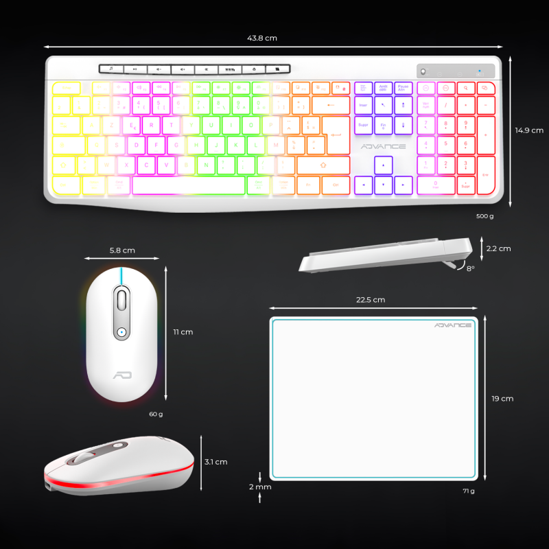 Advance RTYPE Combo Blanc Sansfil/RGB/Batterie/IPX4/WinMac - Pack Clavier/Souris - 6