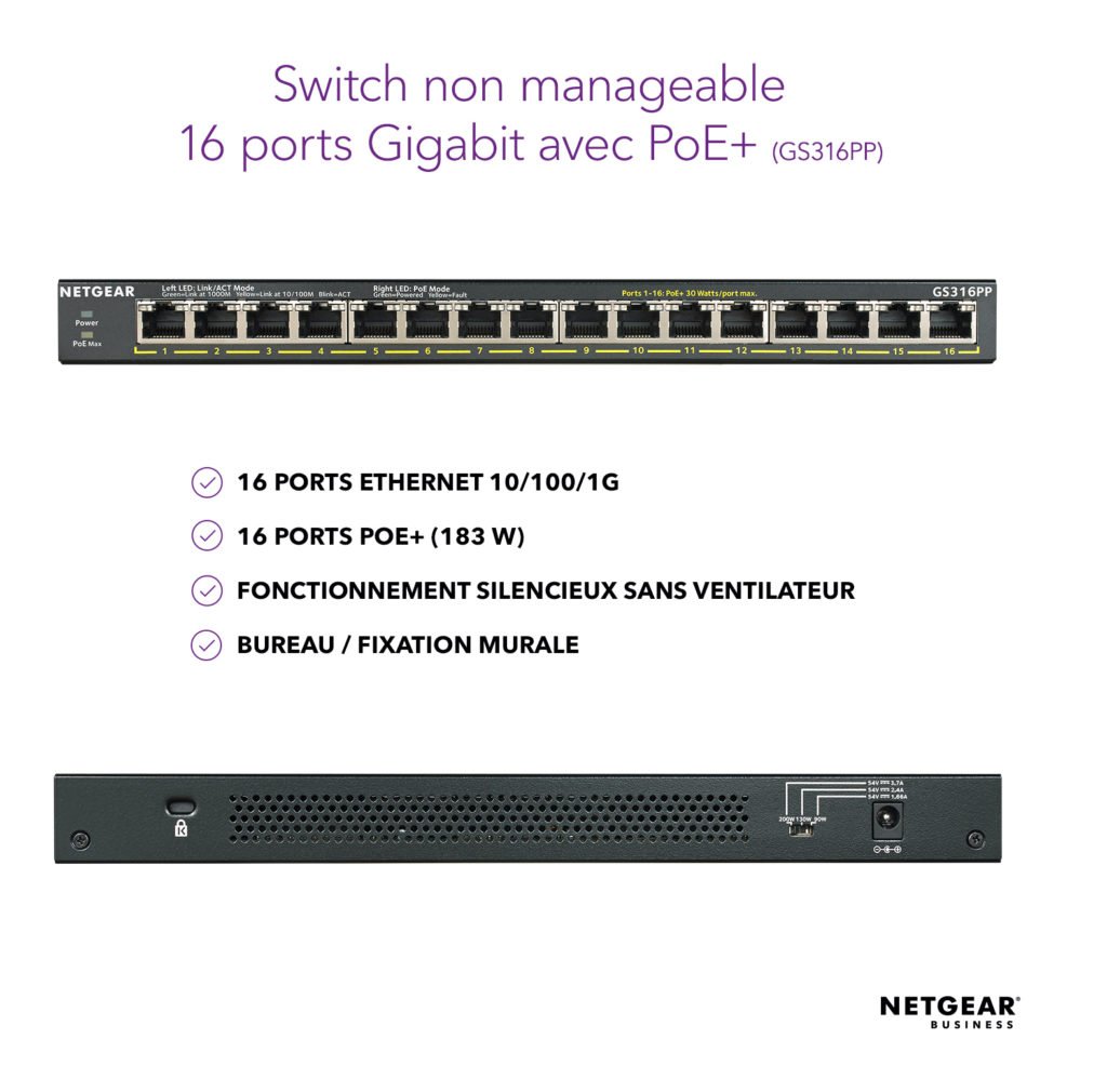 Switch Netgear 16 ports Gigabit POE+ - GS316PP - grosbill.com - 3