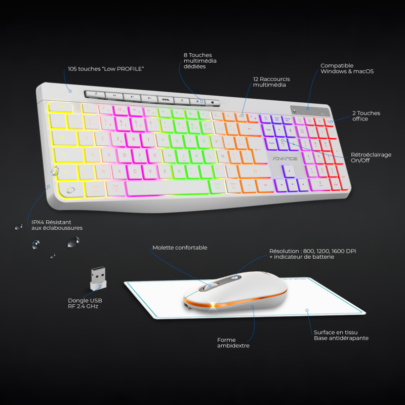 Advance RTYPE Combo Blanc Sansfil/RGB/Batterie/IPX4/WinMac - Pack Clavier/Souris - 2