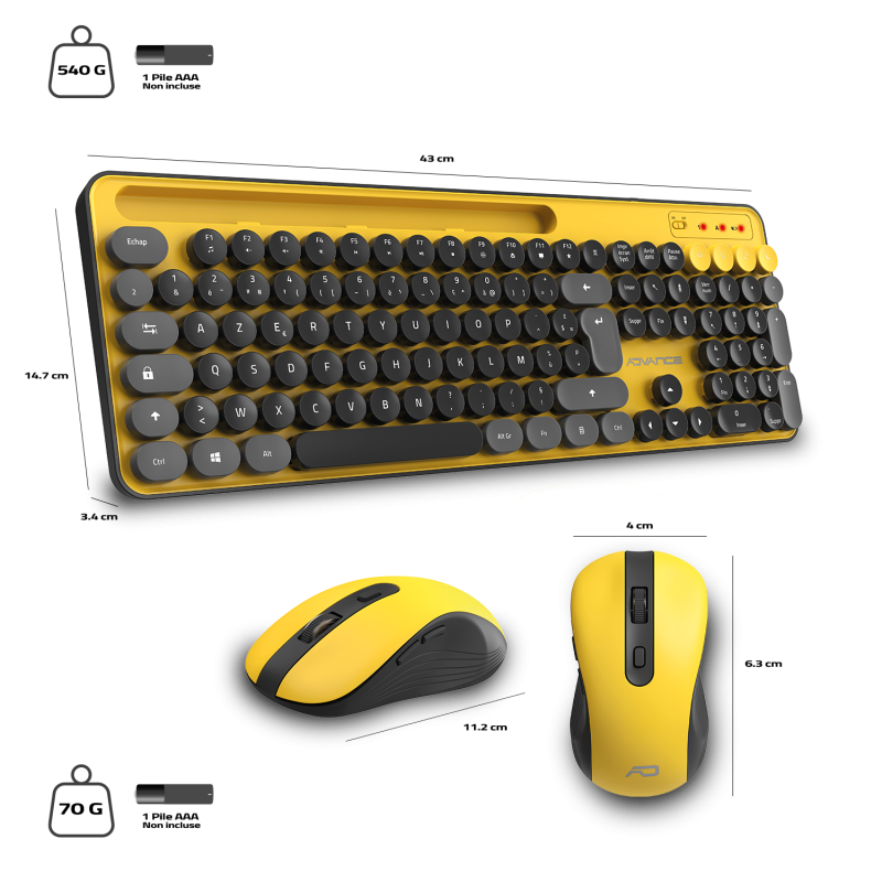 Advance PEP'S WIRELESS sans fil/Silencieux/Jaune Gris Noir - Pack Clavier/Souris - 5